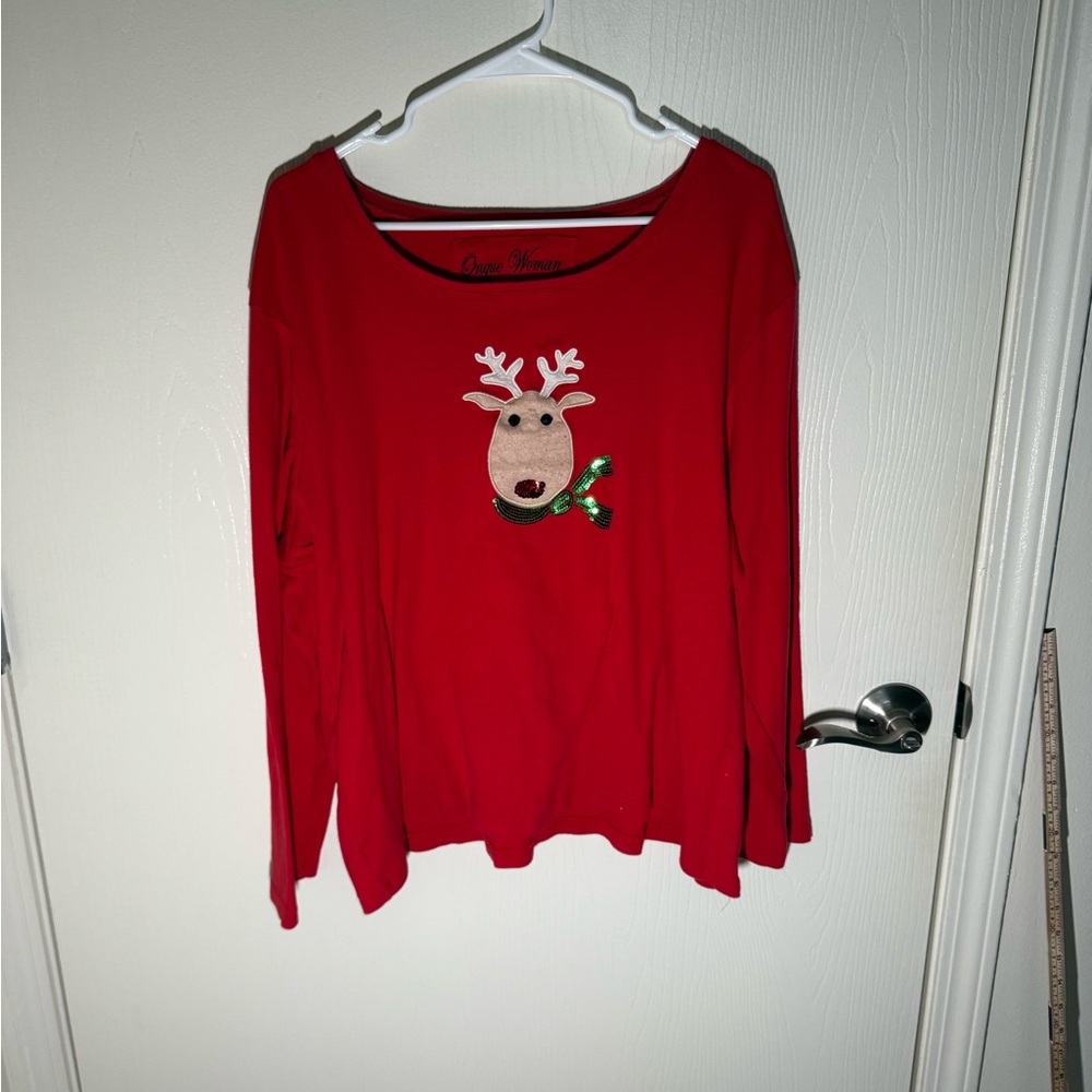 Onque Woman Vintage Christmas Sweater Red Embellished Reindeer Holiday Sz 2X